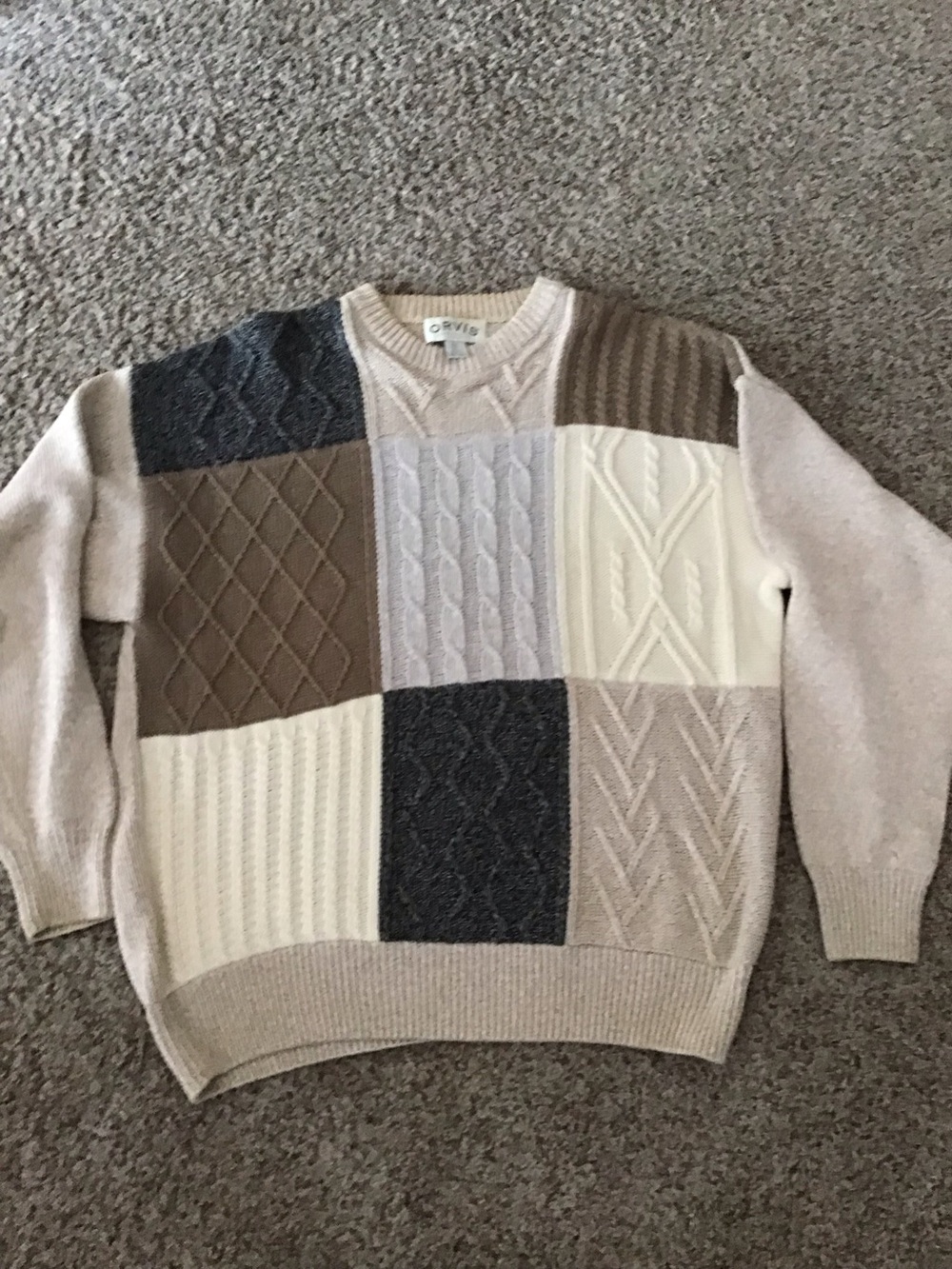Orvis Patchwork Cable Knit Crewneck Sweater in Beige, Cream, Brown, Gray